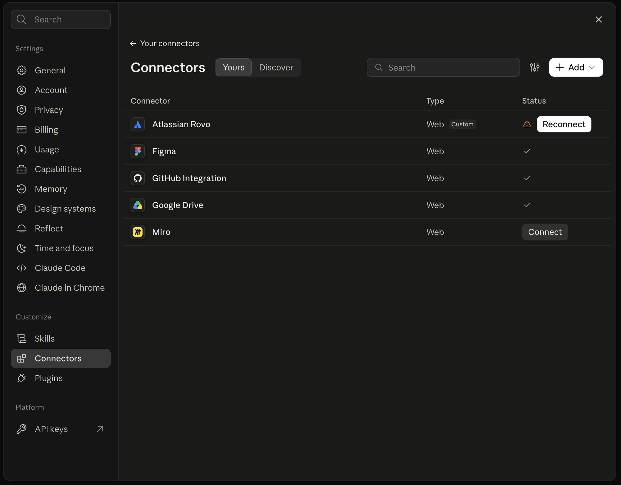 Claude's connector list