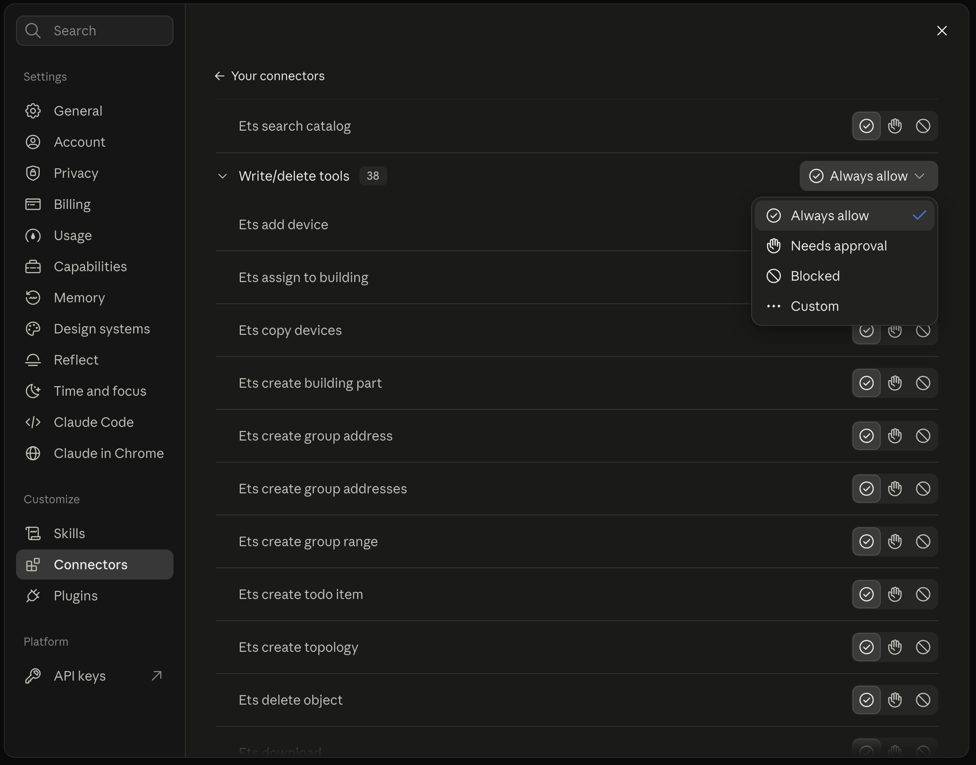 Write and delete tool permissions